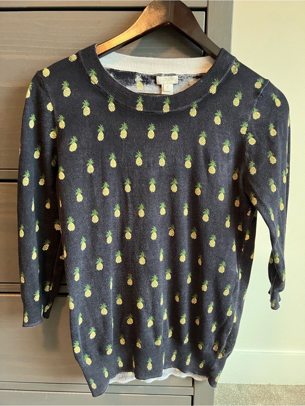J. Crew Navy Sweater with Yellow Pineapple Print
